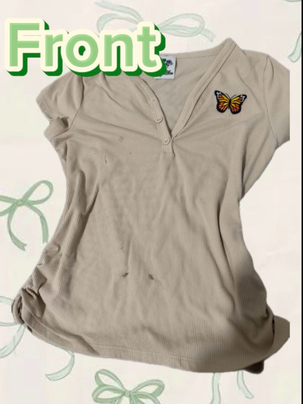 Lily Bleu Cream Ribbed Short Sleeve Top with Butterfly Patch